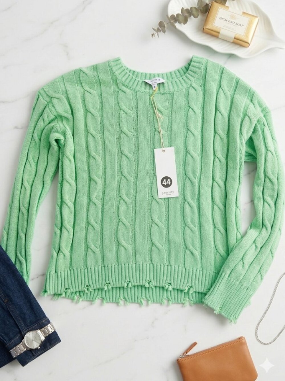 NWT J. Society Spearmint Cable Knit Sweater with Raw Edge Size Small